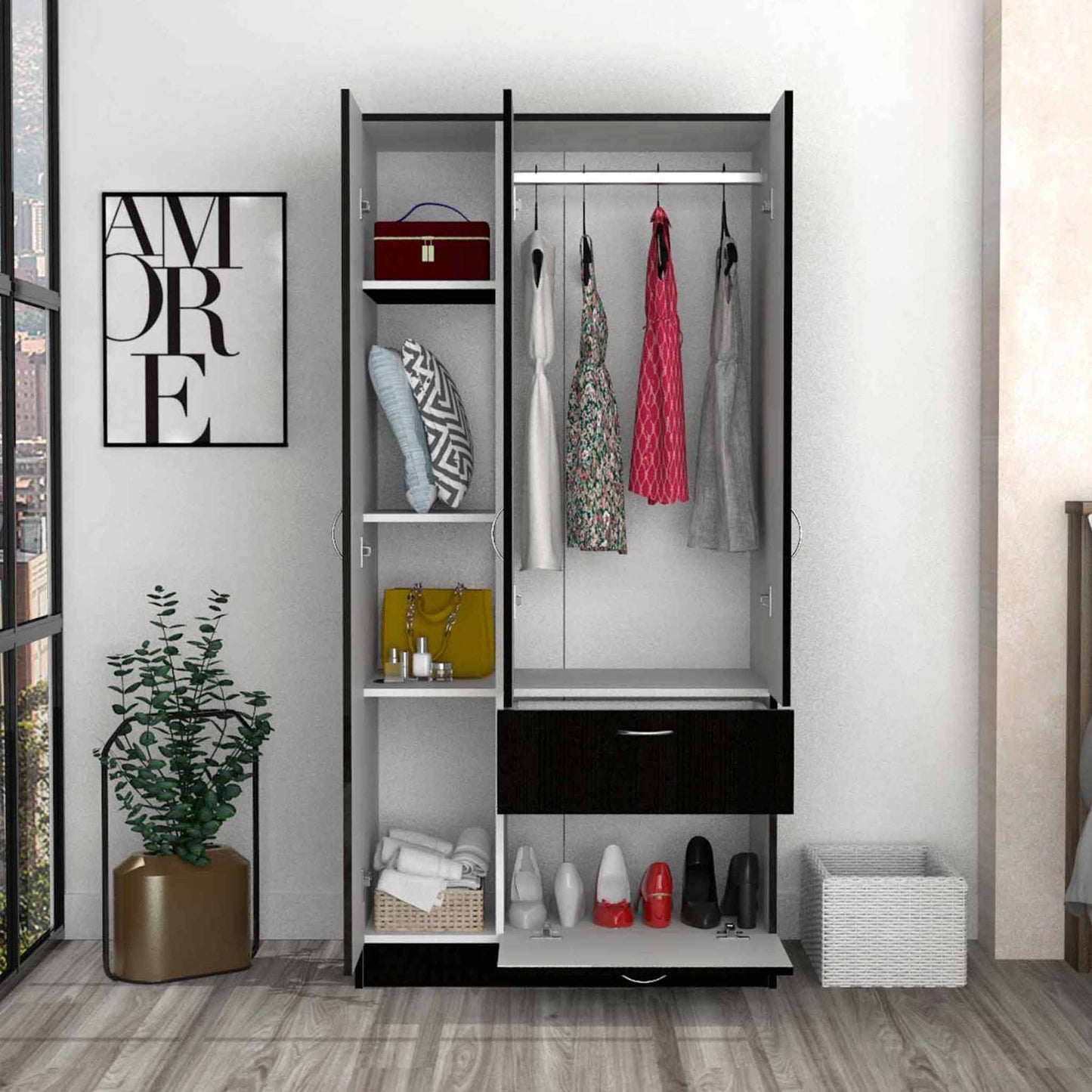 Black And White Three Door Armoire By Homeroots | Armoires & Wardrobes | Modishstore - 3