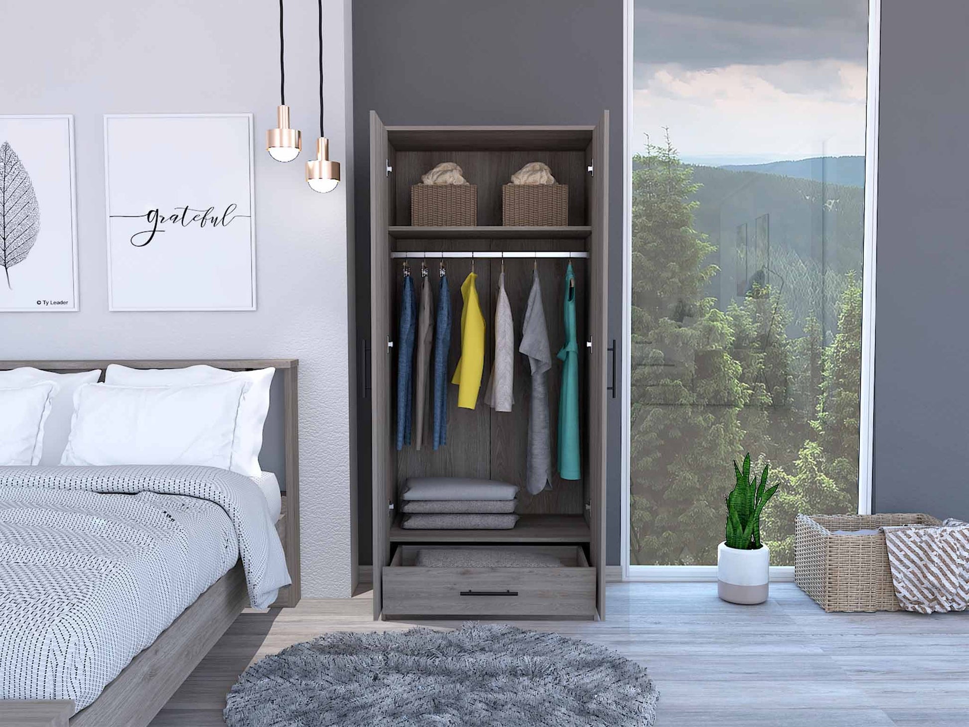 71" Light Gray Tall Two Door Closet By Homeroots | Armoires & Wardrobes | Modishstore - 4