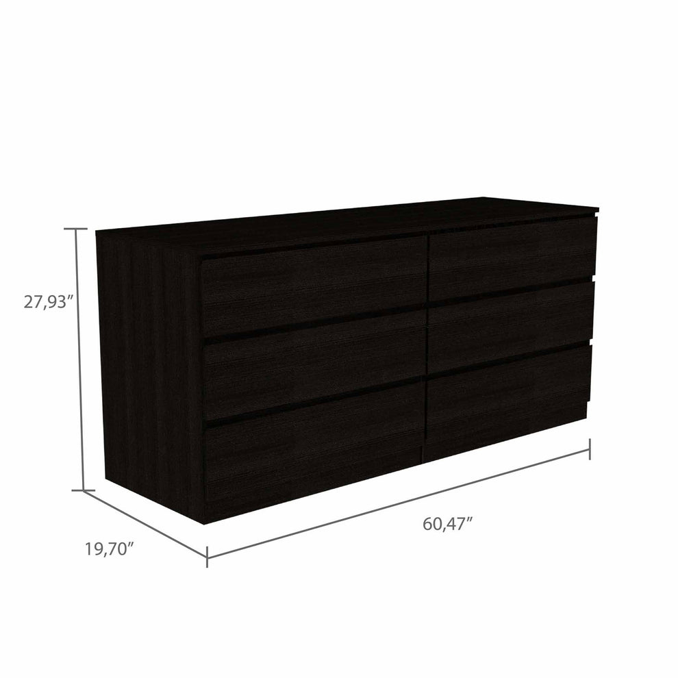 60" Black Six Drawer Double Dresser By Homeroots | Dressers | Modishstore - 3