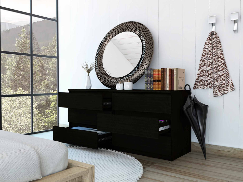 60" Black Six Drawer Double Dresser By Homeroots | Dressers | Modishstore - 4
