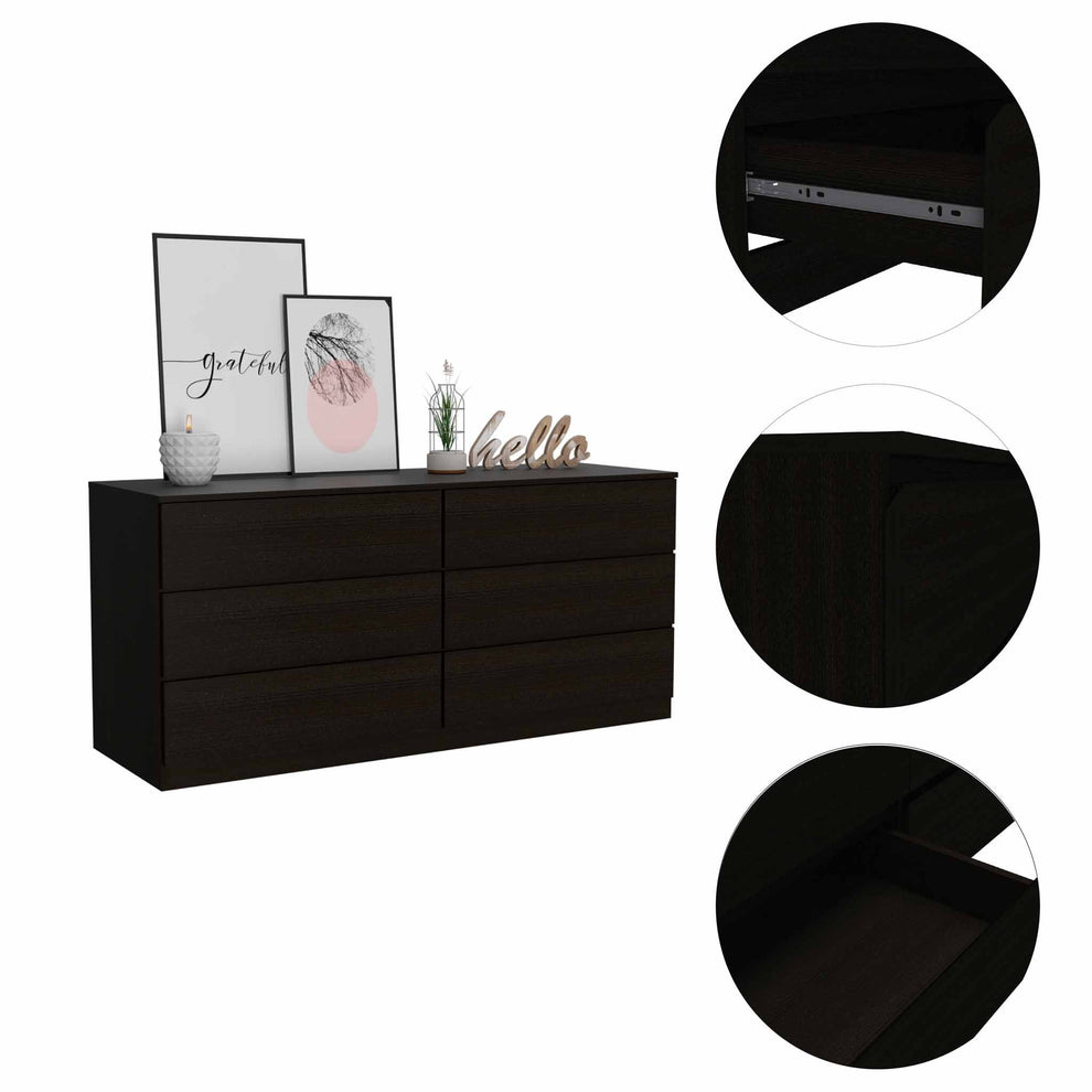 60" Black Six Drawer Double Dresser By Homeroots | Dressers | Modishstore - 5