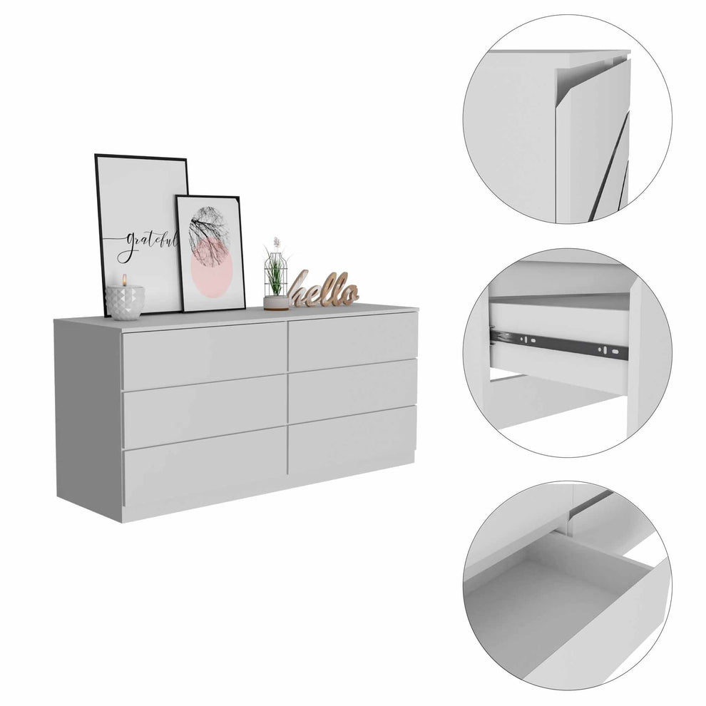 60" White Six Drawer Double Dresser By Homeroots | Dressers | Modishstore - 5