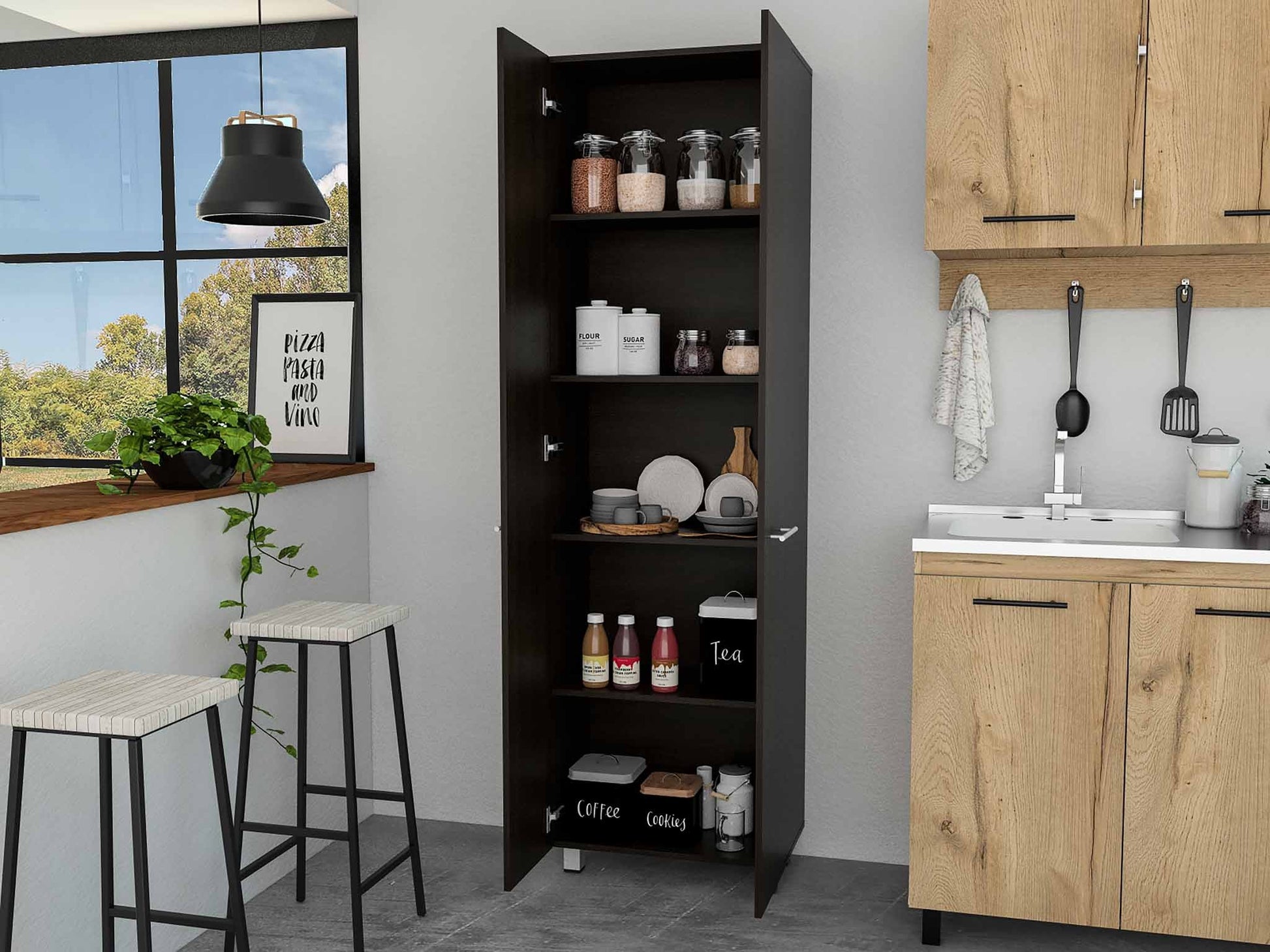 Thea Black Pantry Cabinet By Homeroots | Cabinets | Modishstore - 4