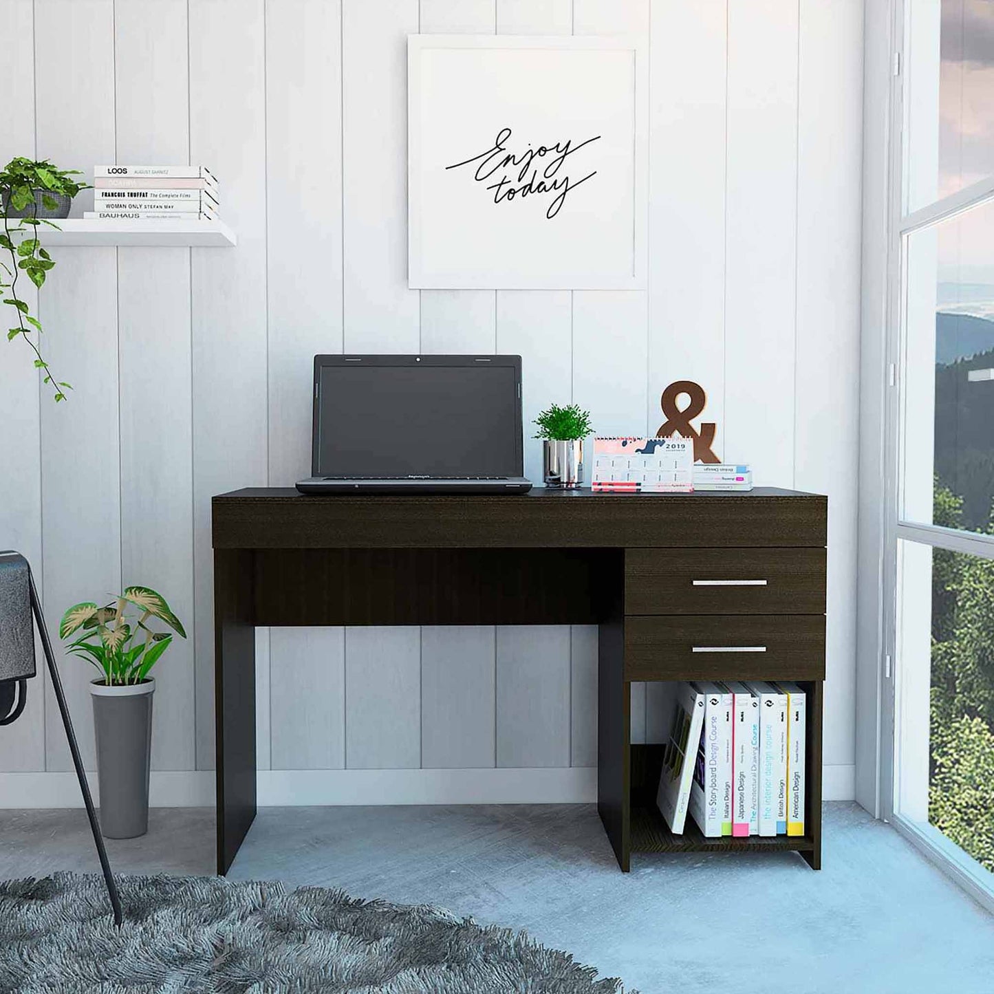 Deon Black Two Drawer Computer Desk By Homeroots | Desks | Modishstore
