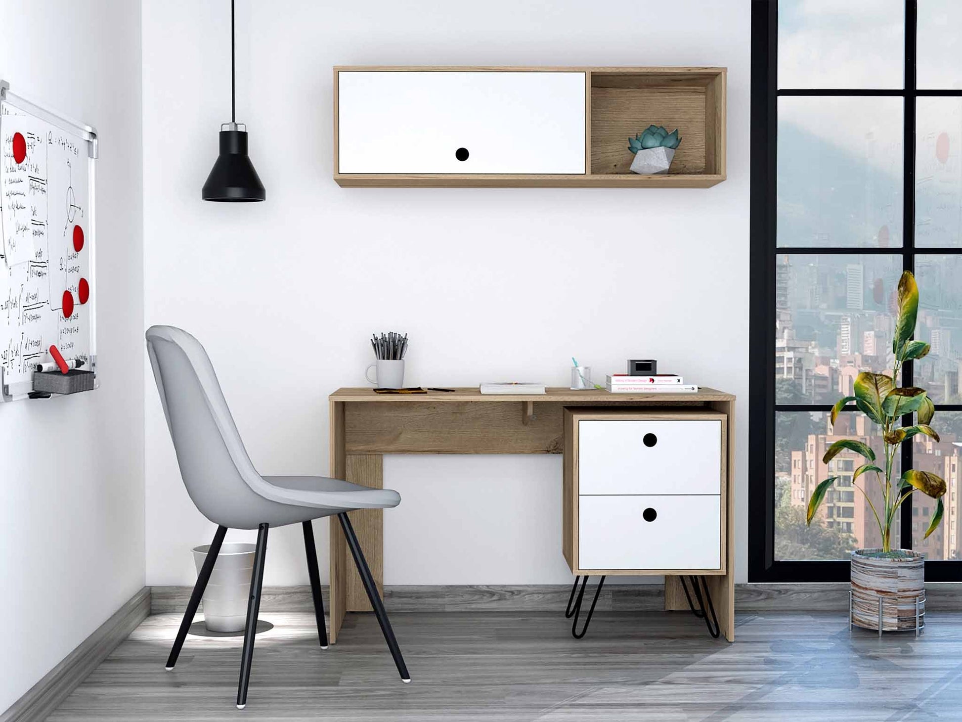 Mod White and Natural Two Piece Desk and Shelve Set By Homeroots | Desks | Modishstore
