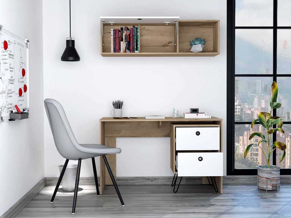 Mod White and Natural Two Piece Desk and Shelve Set By Homeroots | Desks | Modishstore - 3