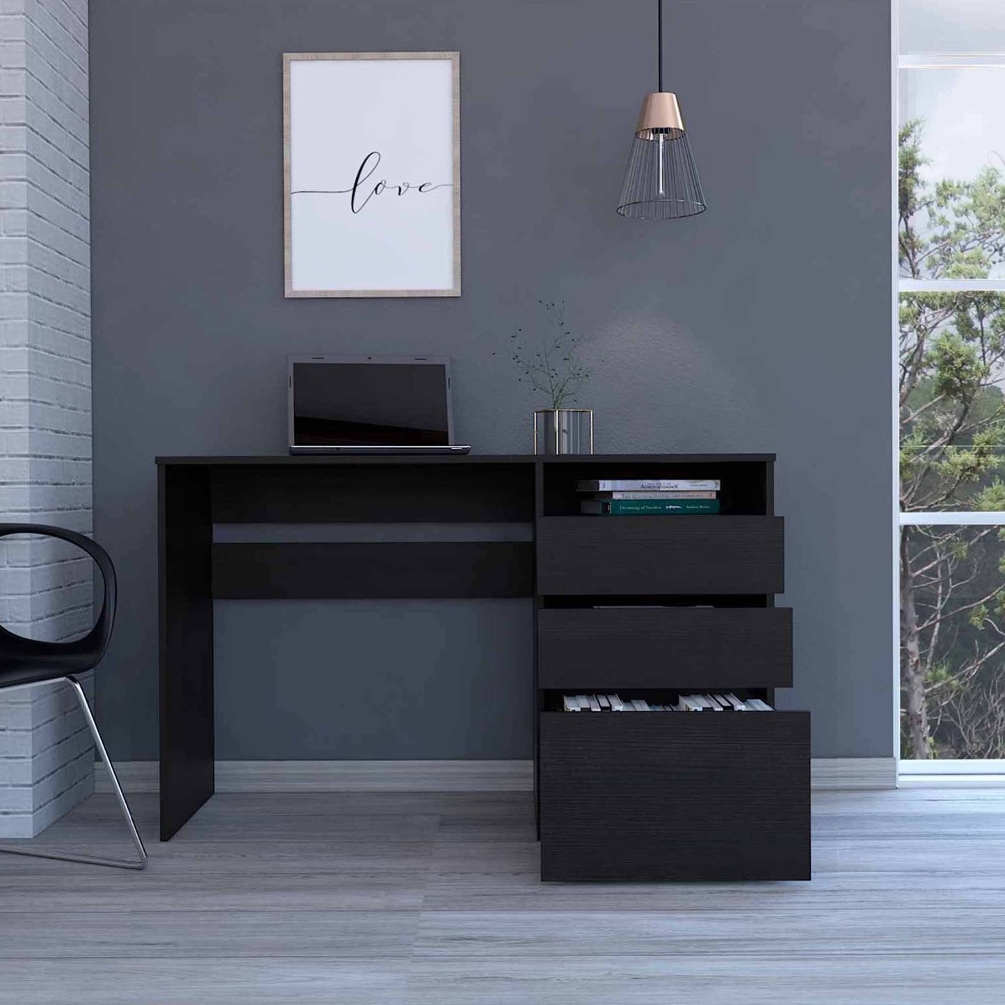 Echo Black Computer Desk with Three Drawers By Homeroots - 403805 | Desks | Modishstore - 3