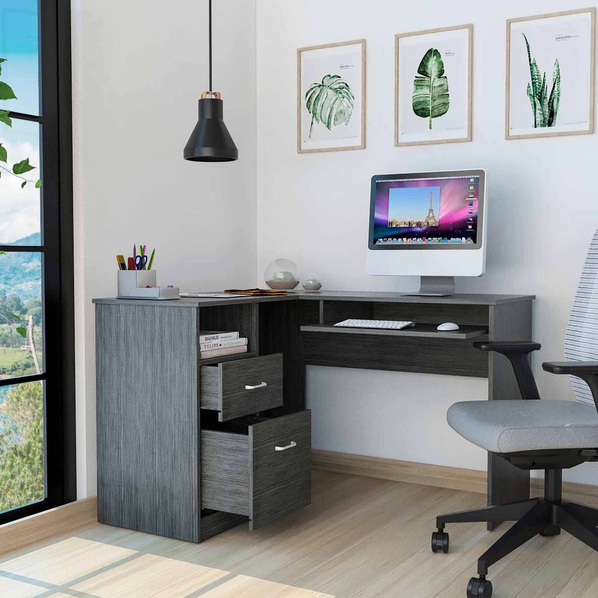 Thorpe Gray Oak L Shaped Computer Desk By Homeroots | Desks | Modishstore - 3