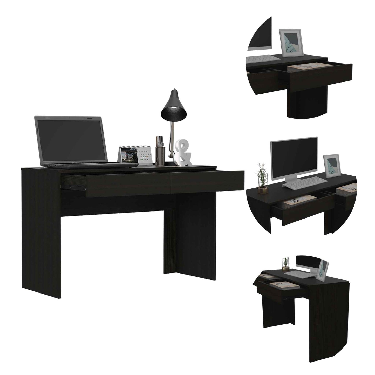 Clio Black Computer Desk with Two Drawers By Homeroots | Desks | Modishstore - 4