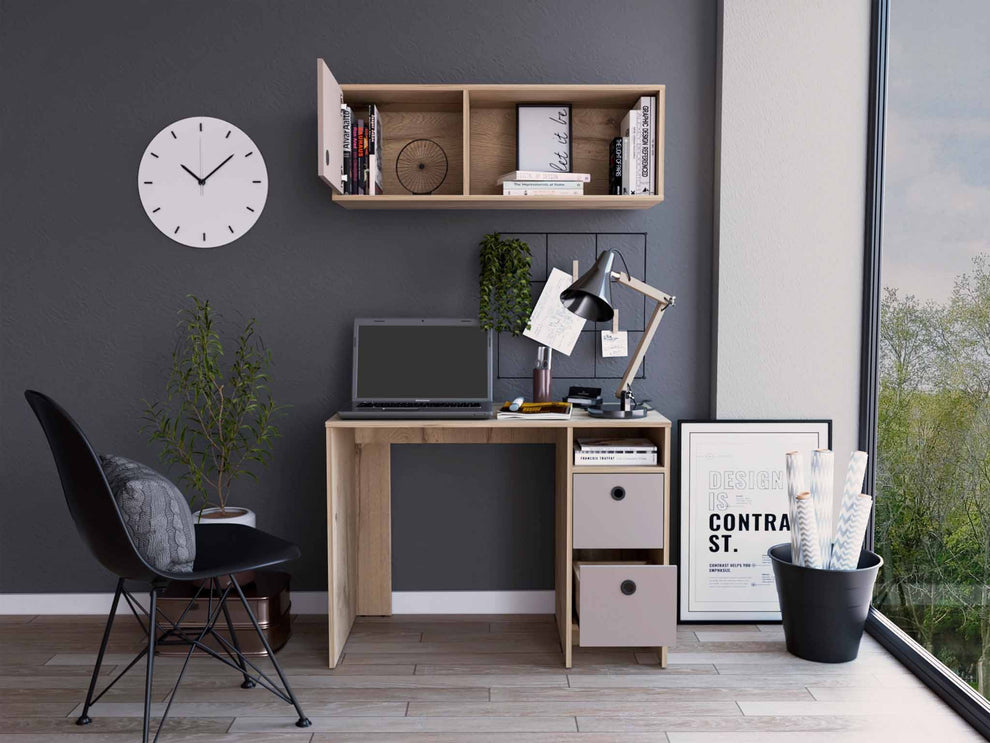 Mod Taupe and Natural Two Piece Desk and Shelve Set By Homeroots | Desks | Modishstore - 3