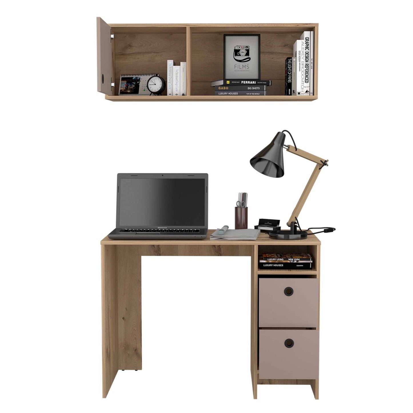 Mod Taupe and Natural Two Piece Desk and Shelve Set By Homeroots | Desks | Modishstore - 5