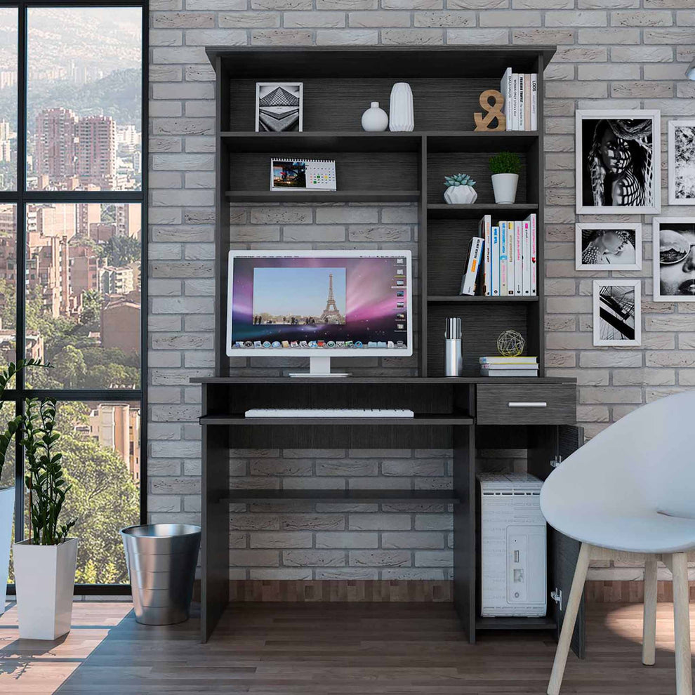 Zeno Gray Oak Computer Desk with Hutch By Homeroots | Desks | Modishstore - 3