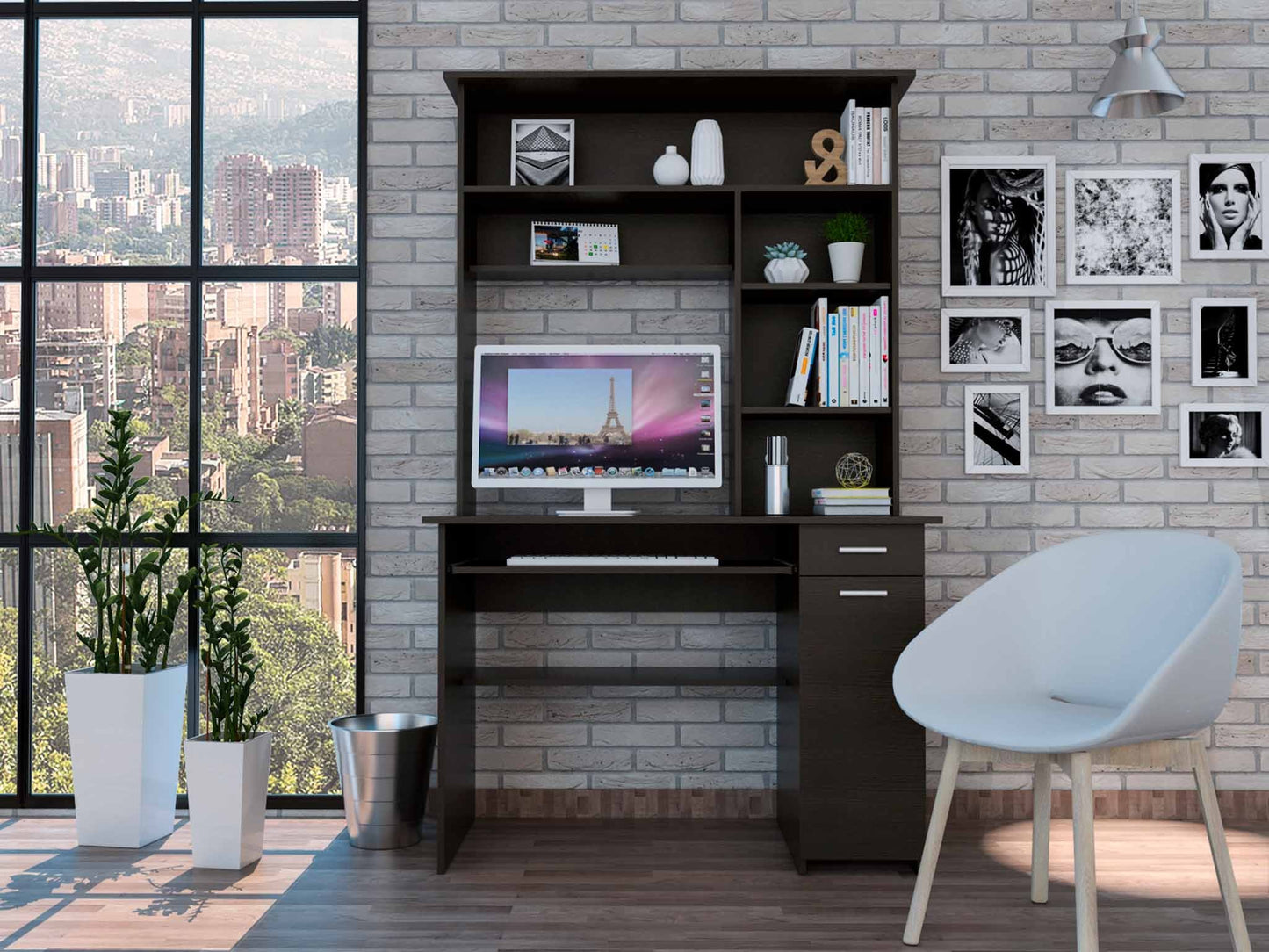 Zeno Black Computer Desk with Hutch By Homeroots | Desks | Modishstore