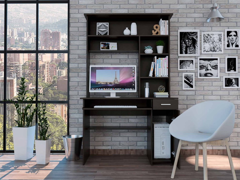 Zeno Black Computer Desk with Hutch By Homeroots | Desks | Modishstore - 3