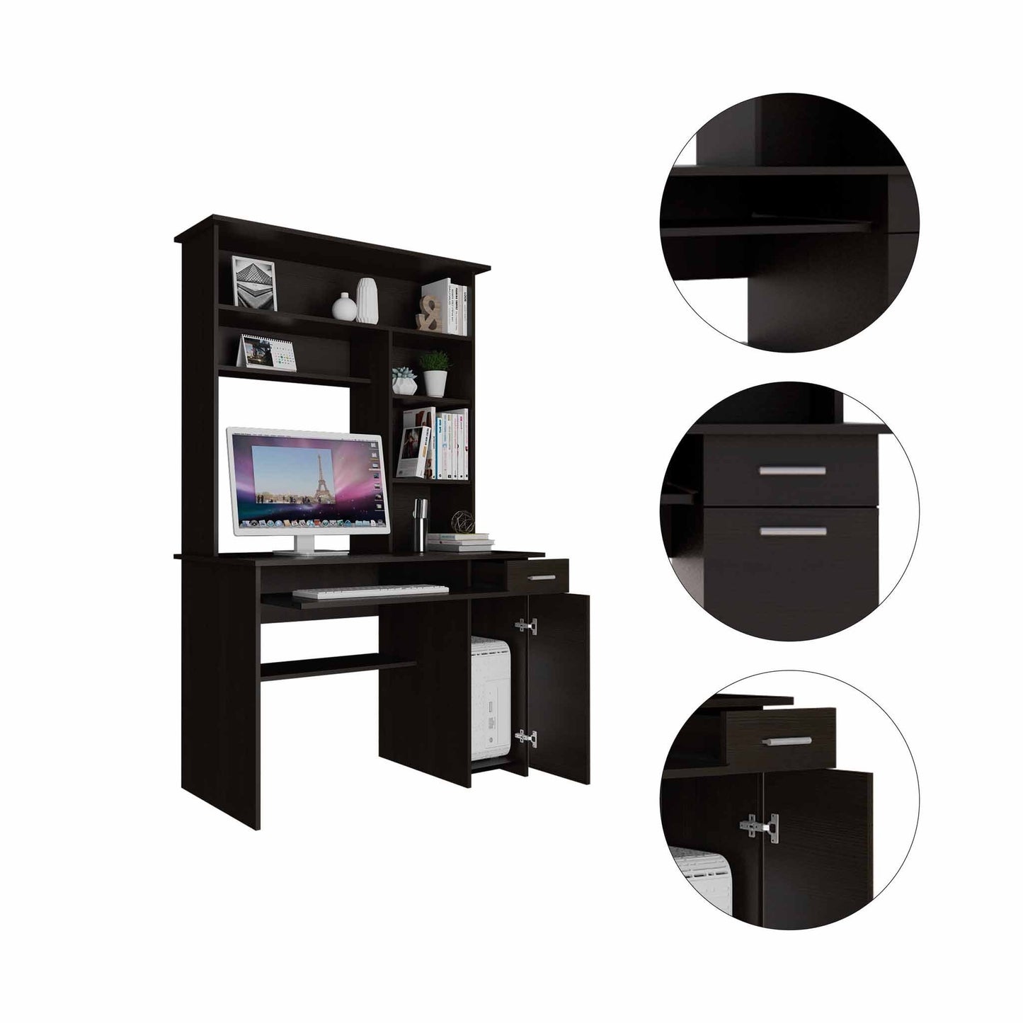 Zeno Black Computer Desk with Hutch By Homeroots | Desks | Modishstore - 4