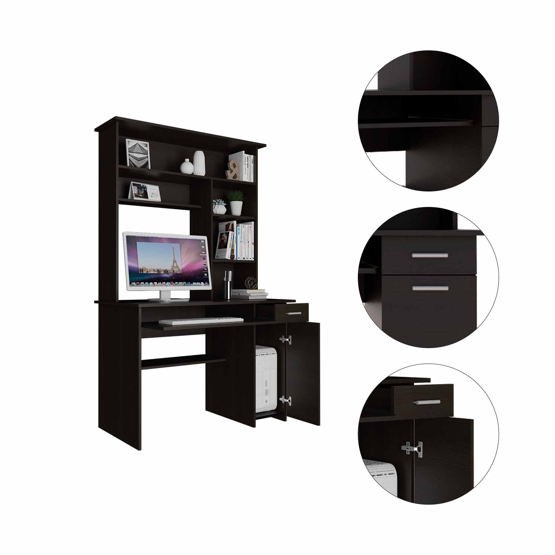 Zeno Black Computer Desk with Hutch By Homeroots | Desks | Modishstore - 4