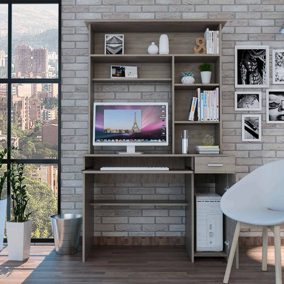 Zeno Light Gray Computer Desk with Hutch By Homeroots | Desks | Modishstore - 3