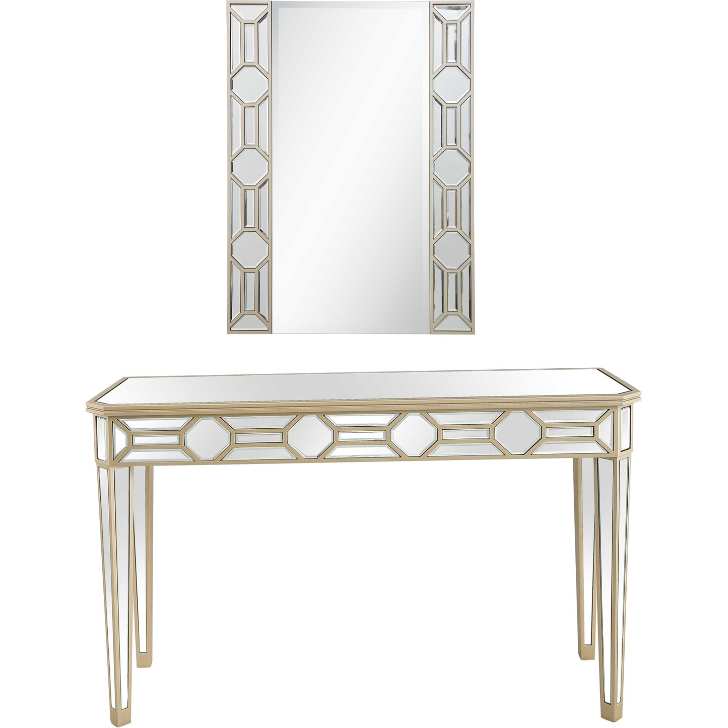 Set of Two 47" Silver and Champagne Mirrored Glass Console Table and Mirror By Homeroots