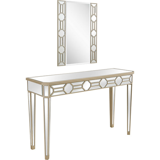 Set of Two 47" Silver and Champagne Mirrored Glass Console Table and Mirror By Homeroots