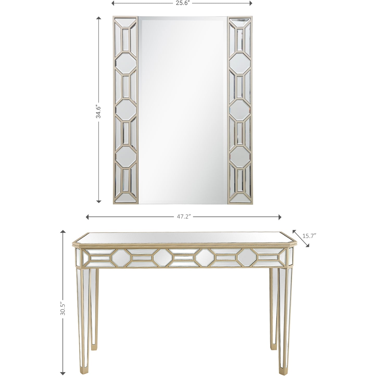 Set of Two 47" Silver and Champagne Mirrored Glass Console Table and Mirror By Homeroots | Console Tables | Modishstore - 9