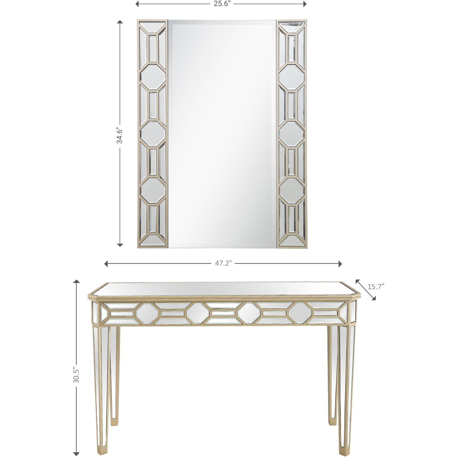 Set of Two 47" Silver and Champagne Mirrored Glass Console Table and Mirror By Homeroots | Console Tables | Modishstore - 9