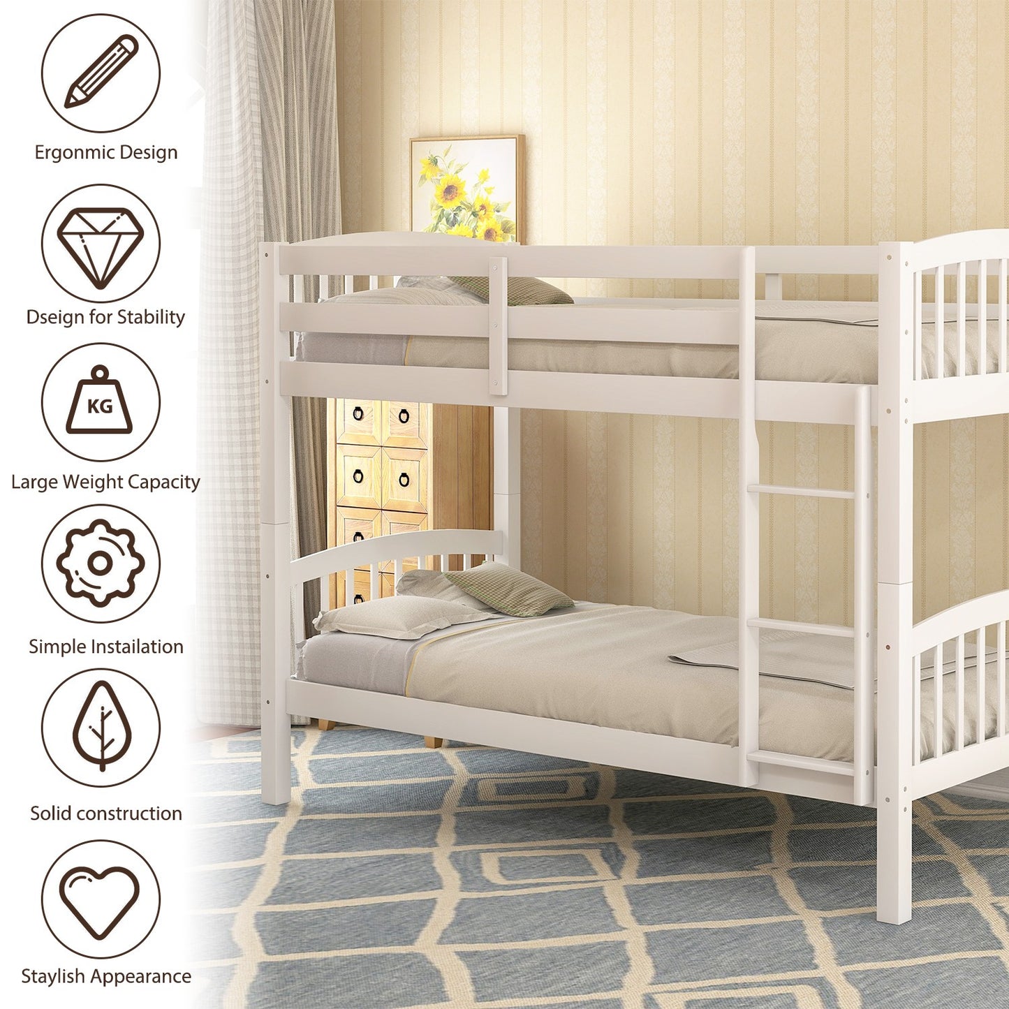 White Twin Over Twin Bunk Bed By Homeroots | Beds | Modishstore - 8