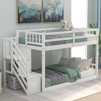 White Twin Over Twin Staircase Bunk Bed By Homeroots | Beds | Modishstore