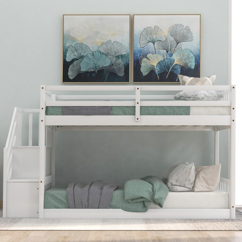 White Twin Over Twin Staircase Bunk Bed By Homeroots | Beds | Modishstore - 2