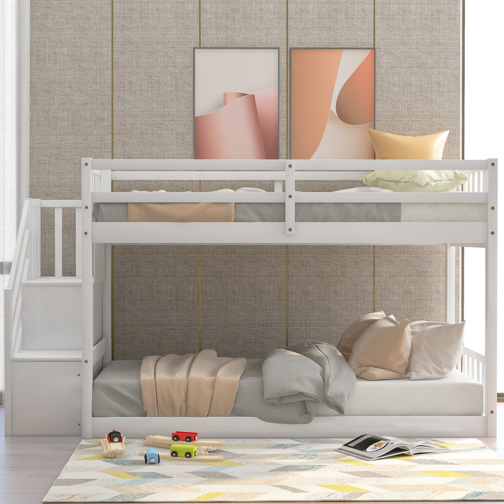 White Twin Over Twin Staircase Bunk Bed By Homeroots | Beds | Modishstore - 4