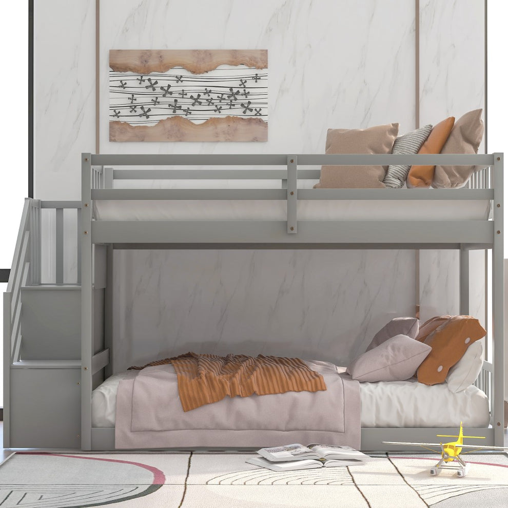 White Twin Over Twin Staircase Bunk Bed By Homeroots | Beds | Modishstore - 11