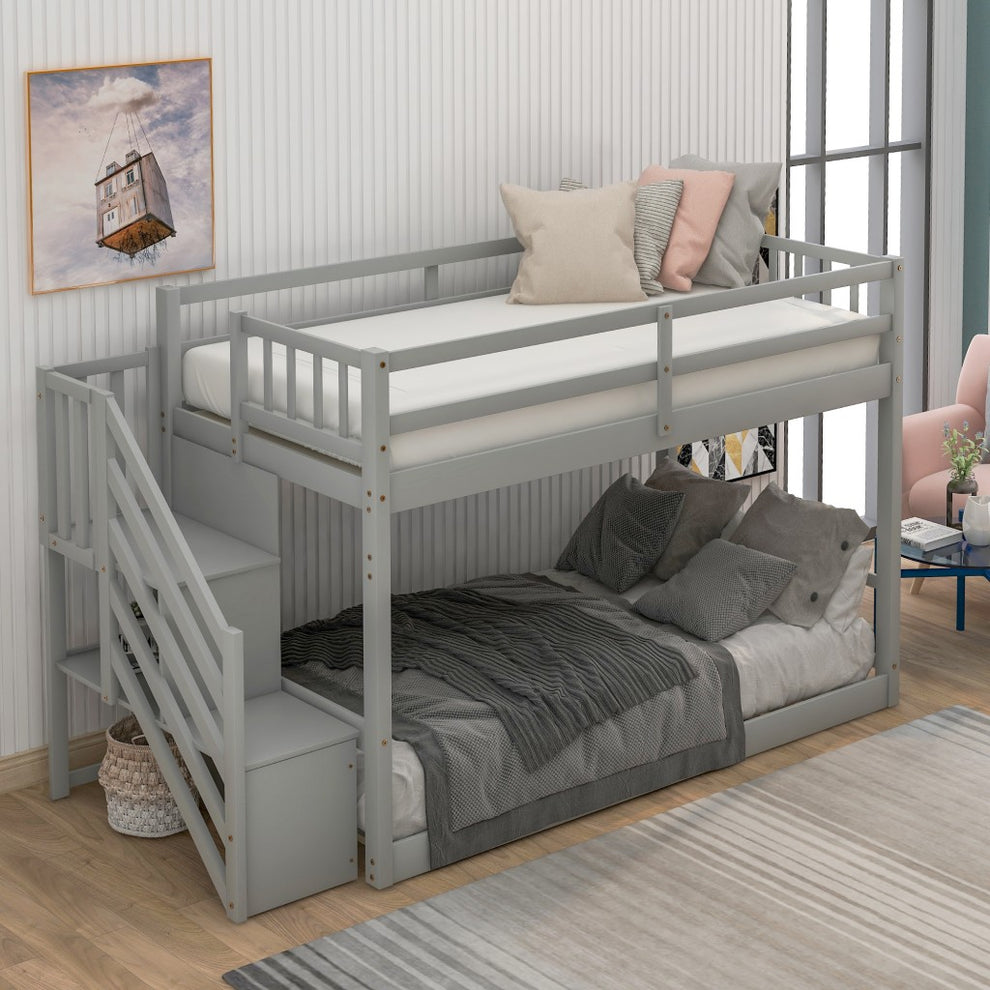 White Twin Over Twin Staircase Bunk Bed By Homeroots | Beds | Modishstore - 12