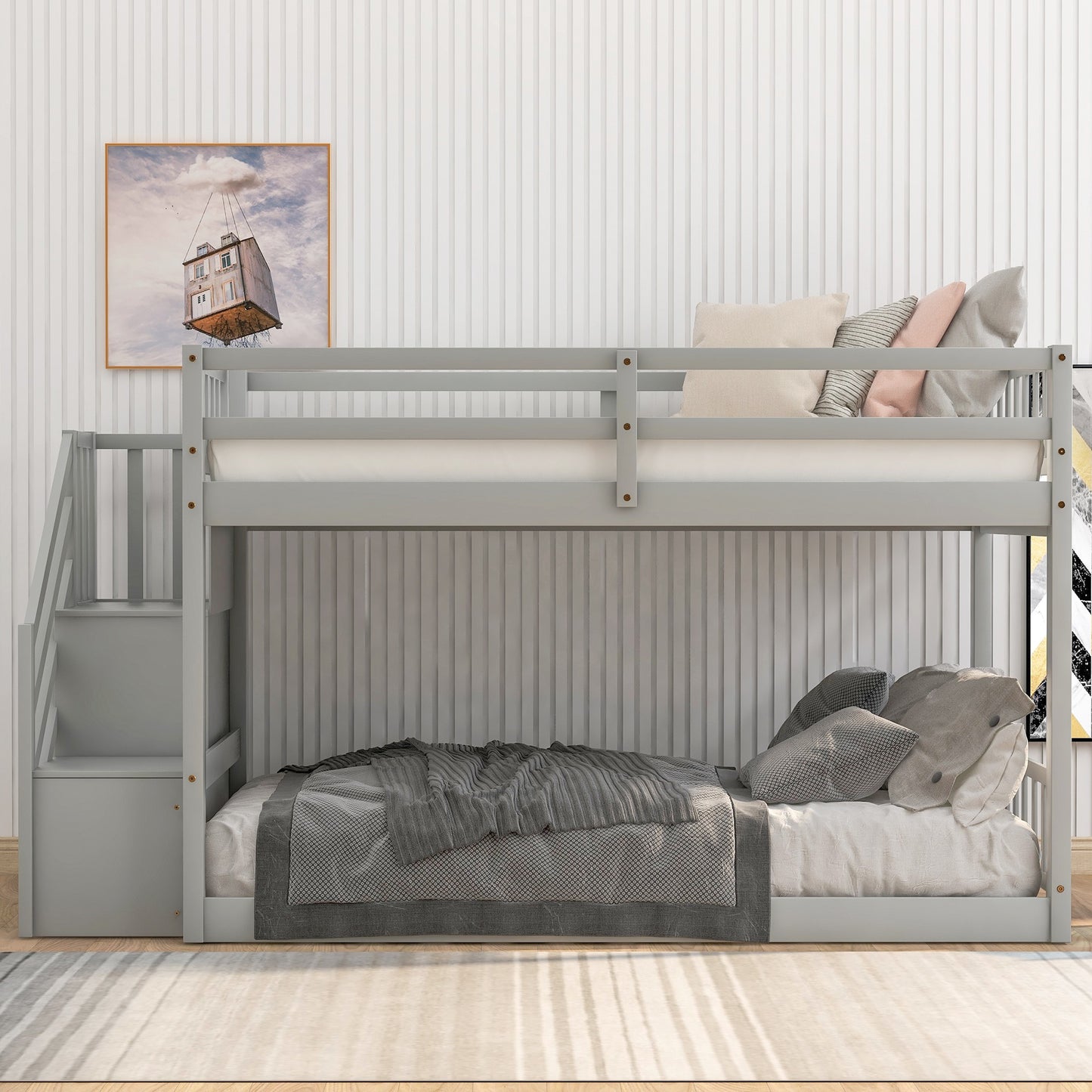 White Twin Over Twin Staircase Bunk Bed By Homeroots | Beds | Modishstore - 13