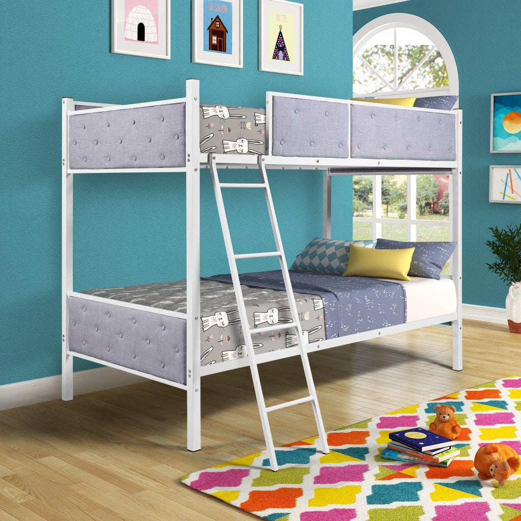 White Gray Twin Over Twin Upholstered Bunk Bed By Homeroots | Beds | Modishstore - 3