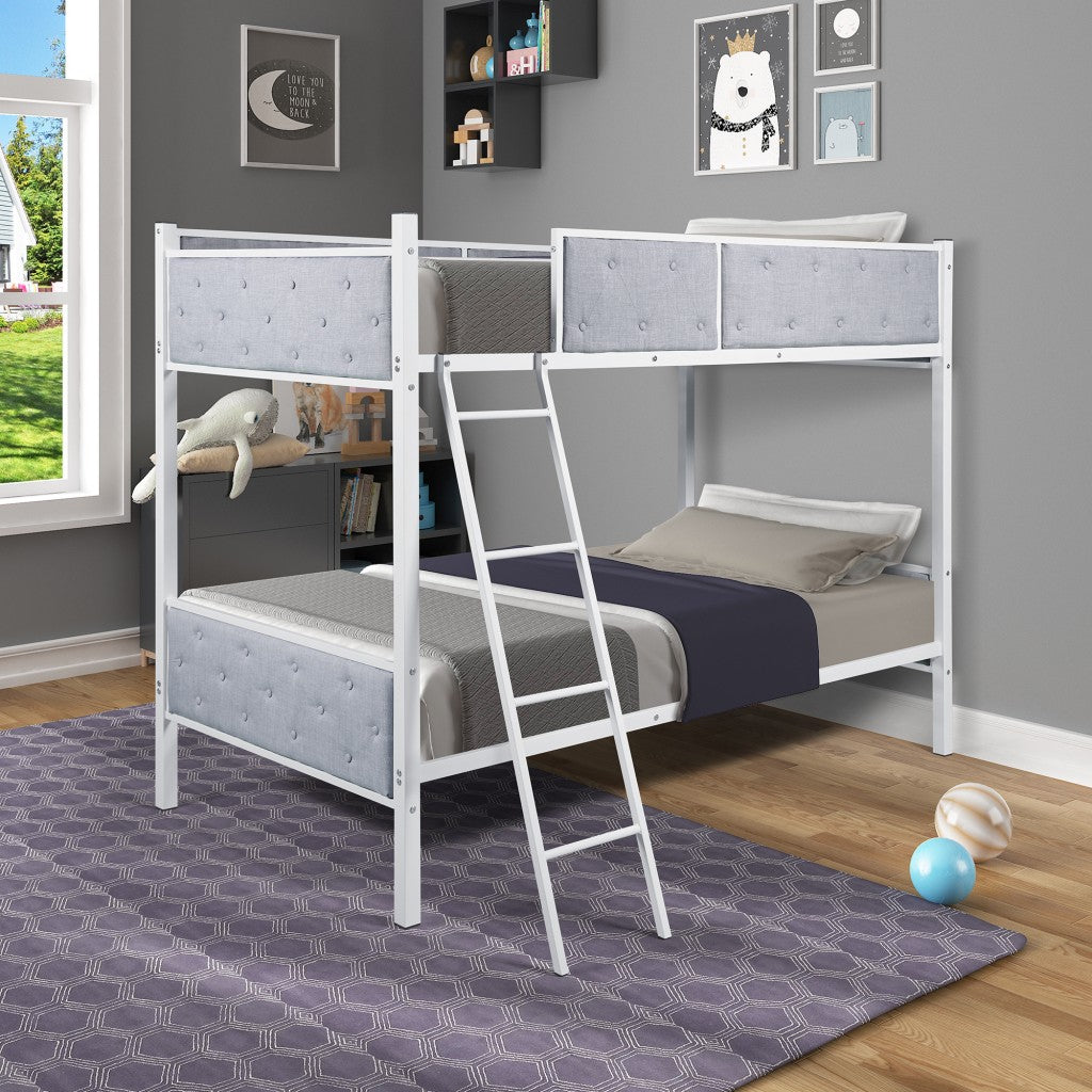 White Gray Twin Over Twin Upholstered Bunk Bed By Homeroots | Beds | Modishstore - 5