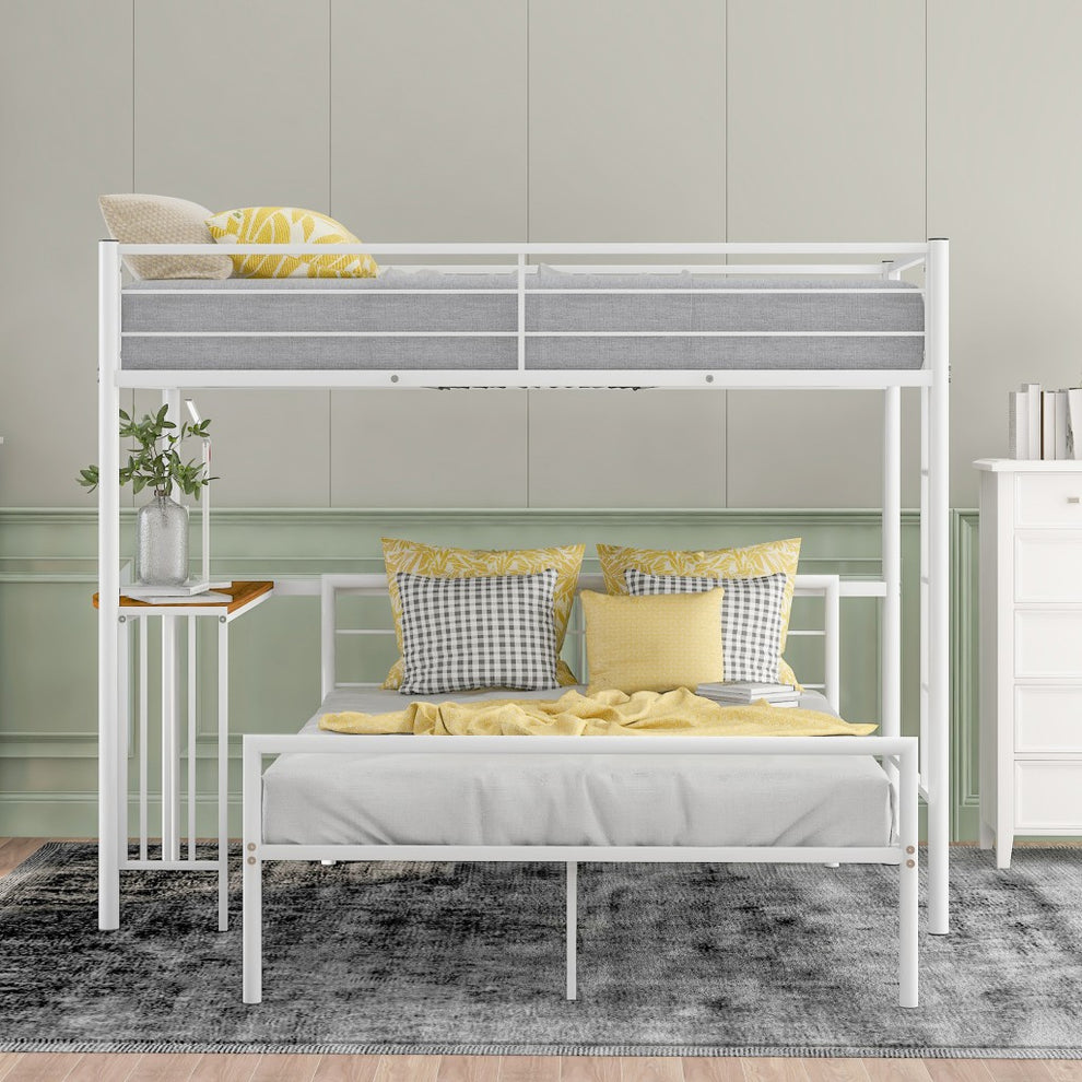 White Twin Over Full Size Metal Bunk Bed With Desk By Homeroots | Beds | Modishstore - 2