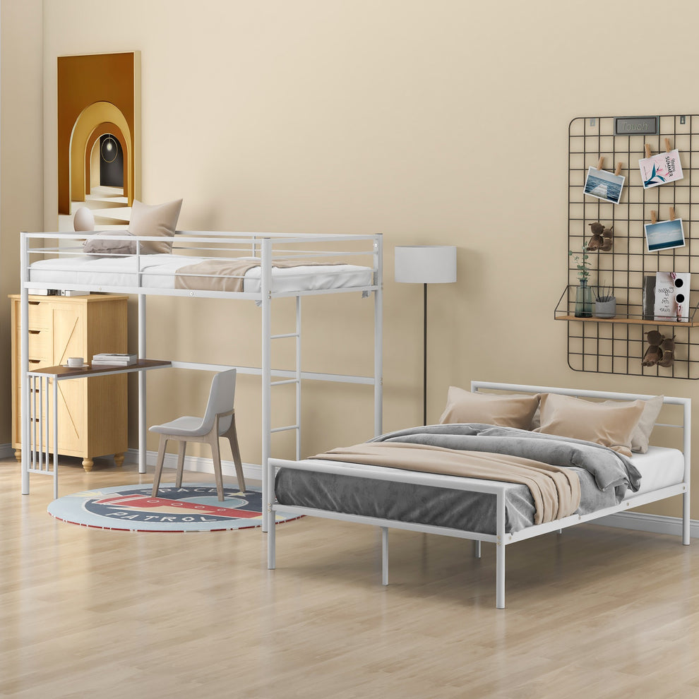 White Twin Over Full Size Metal Bunk Bed With Desk By Homeroots | Beds | Modishstore - 3