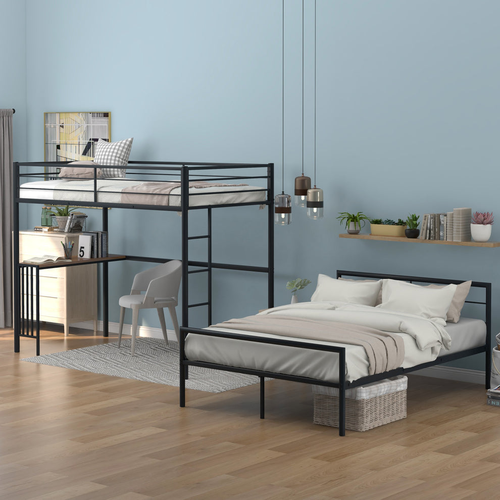 White Twin Over Full Size Metal Bunk Bed With Desk By Homeroots | Beds | Modishstore - 12