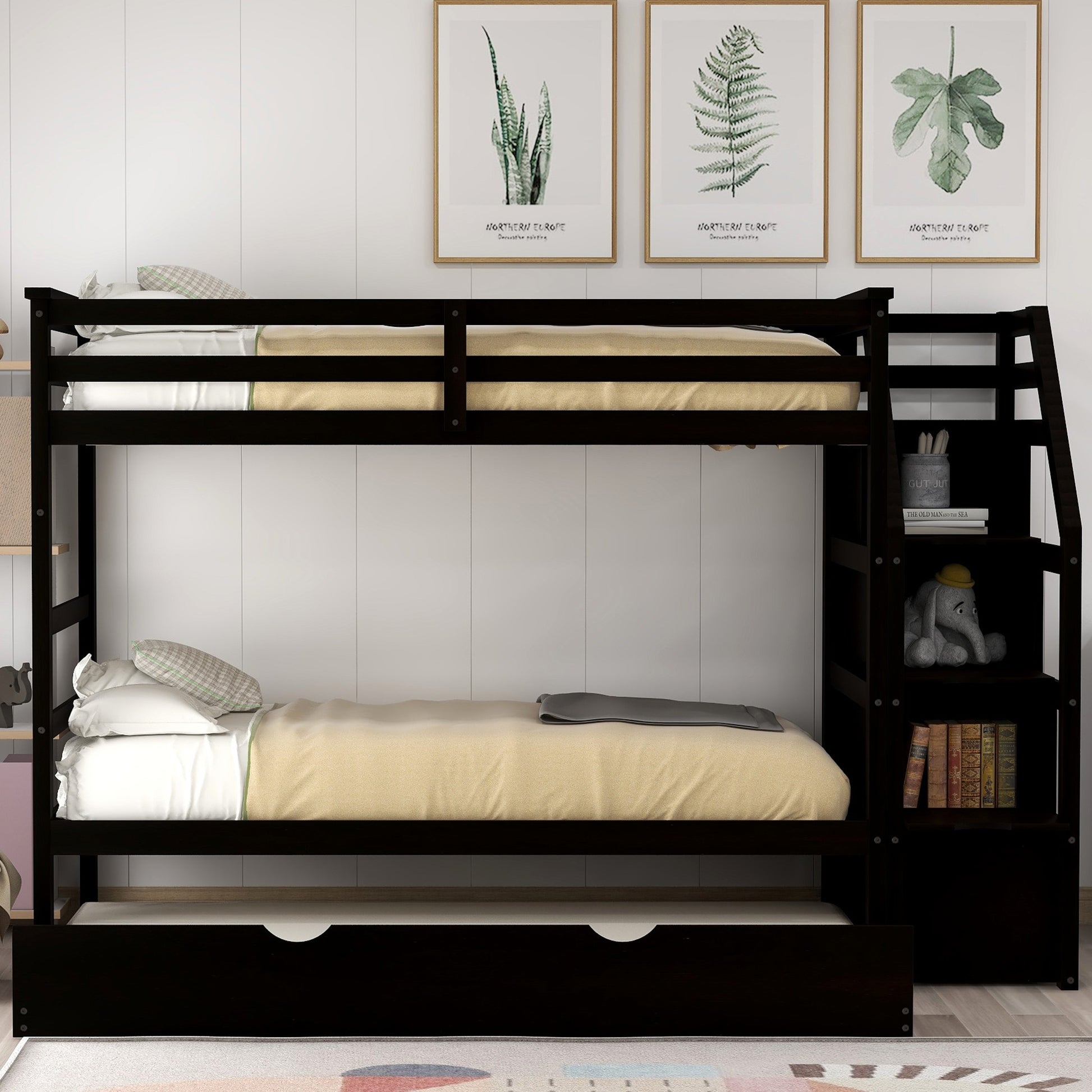 Brown Twin Over Twin Bunk Bed With Trundle By Homeroots | Beds | Modishstore - 2