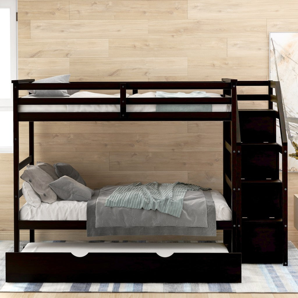 Brown Twin Over Twin Bunk Bed With Trundle By Homeroots | Beds | Modishstore - 4