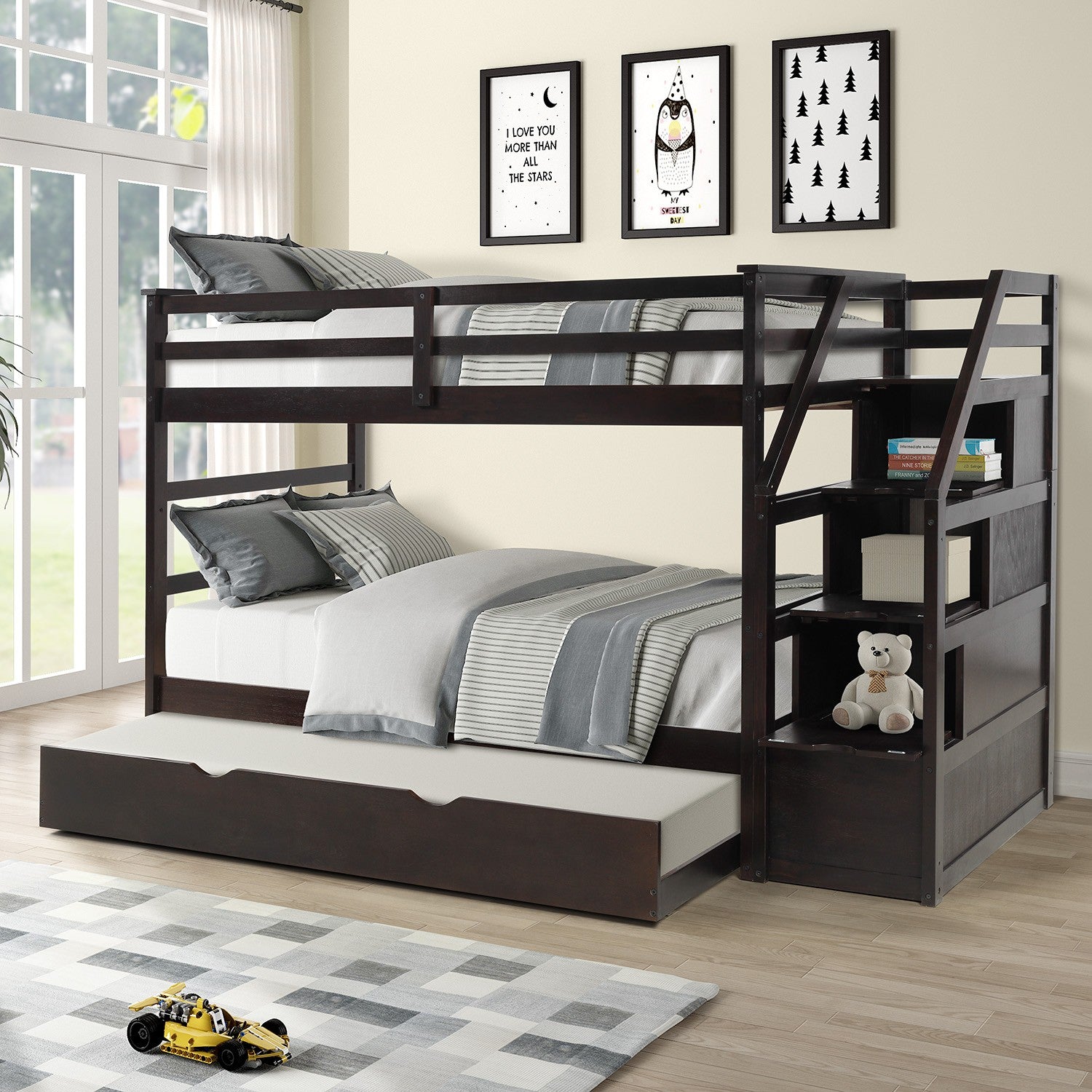 Brown Twin Over Twin Bunk Bed With Trundle By Homeroots | Beds | Modishstore - 5