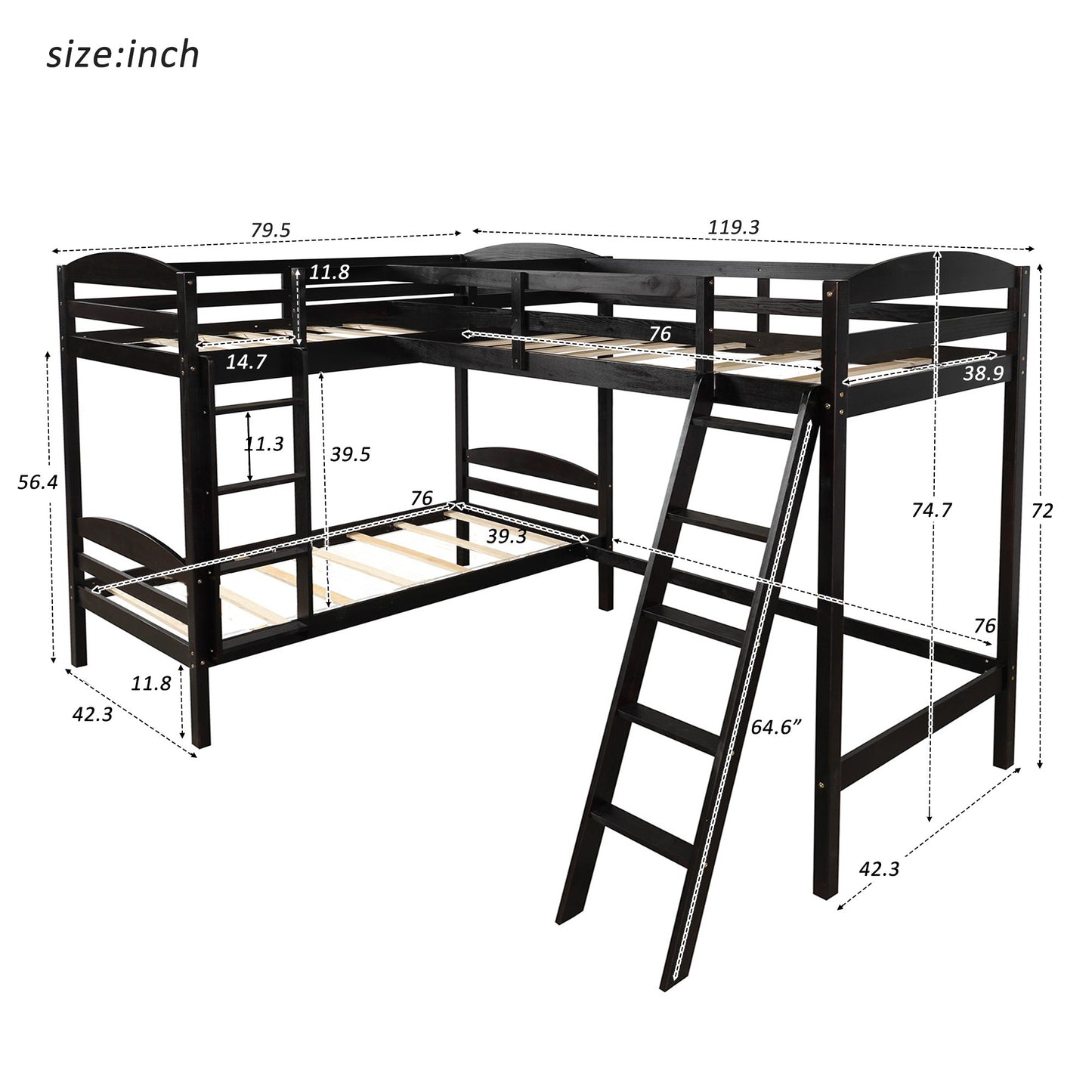 White L Shaped Triple Bunk Bed By Homeroots | Beds | Modishstore - 15