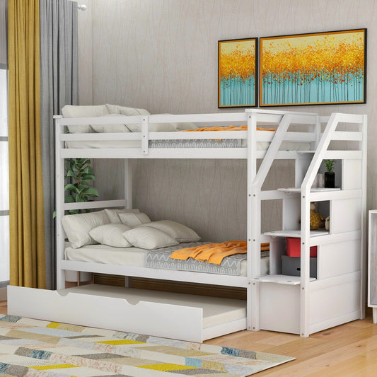 White Twin Over Twin Bunk Bed With Trundle By Homeroots | Beds | Modishstore