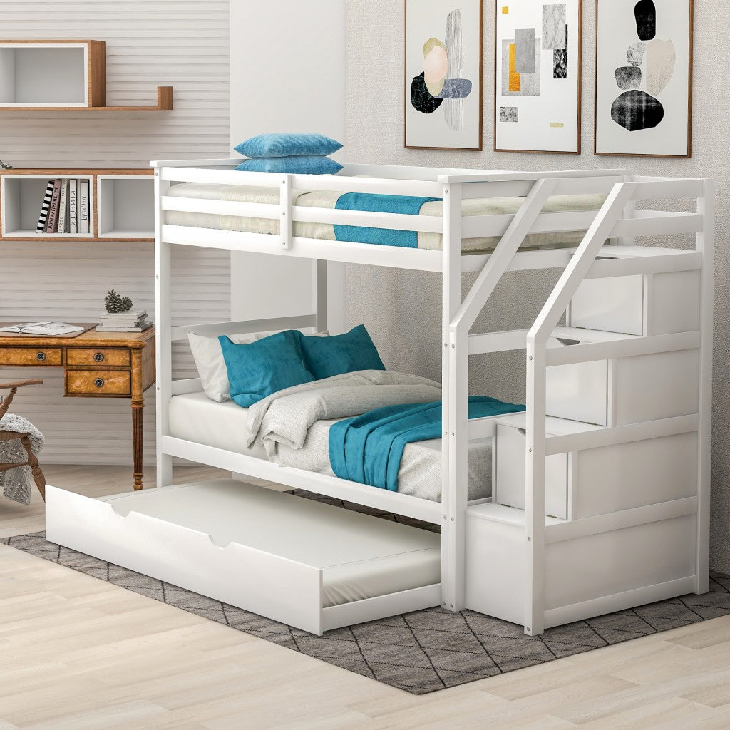 White Twin Over Twin Bunk Bed With Trundle By Homeroots | Beds | Modishstore - 2