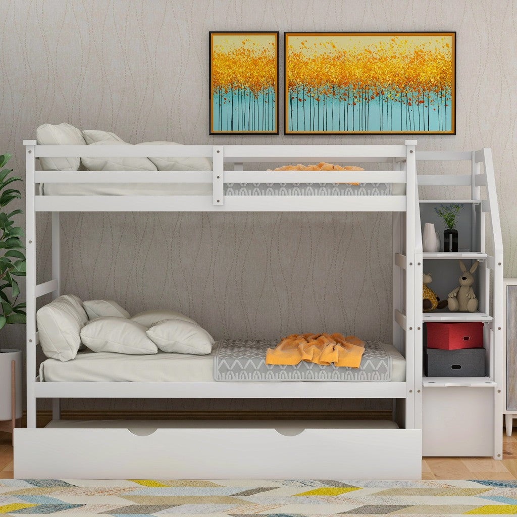 White Twin Over Twin Bunk Bed With Trundle By Homeroots | Beds | Modishstore - 3