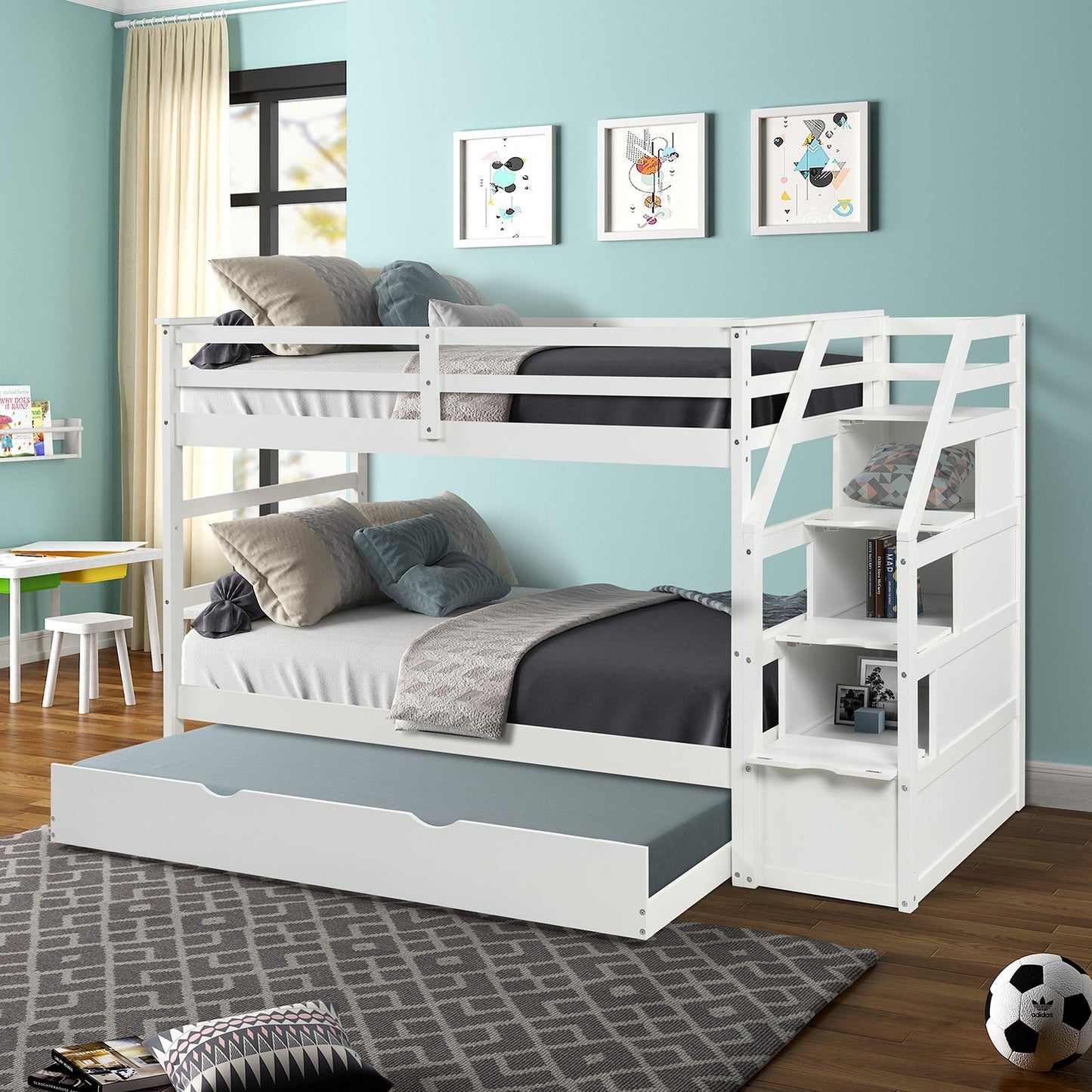 White Twin Over Twin Bunk Bed With Trundle By Homeroots | Beds | Modishstore - 4