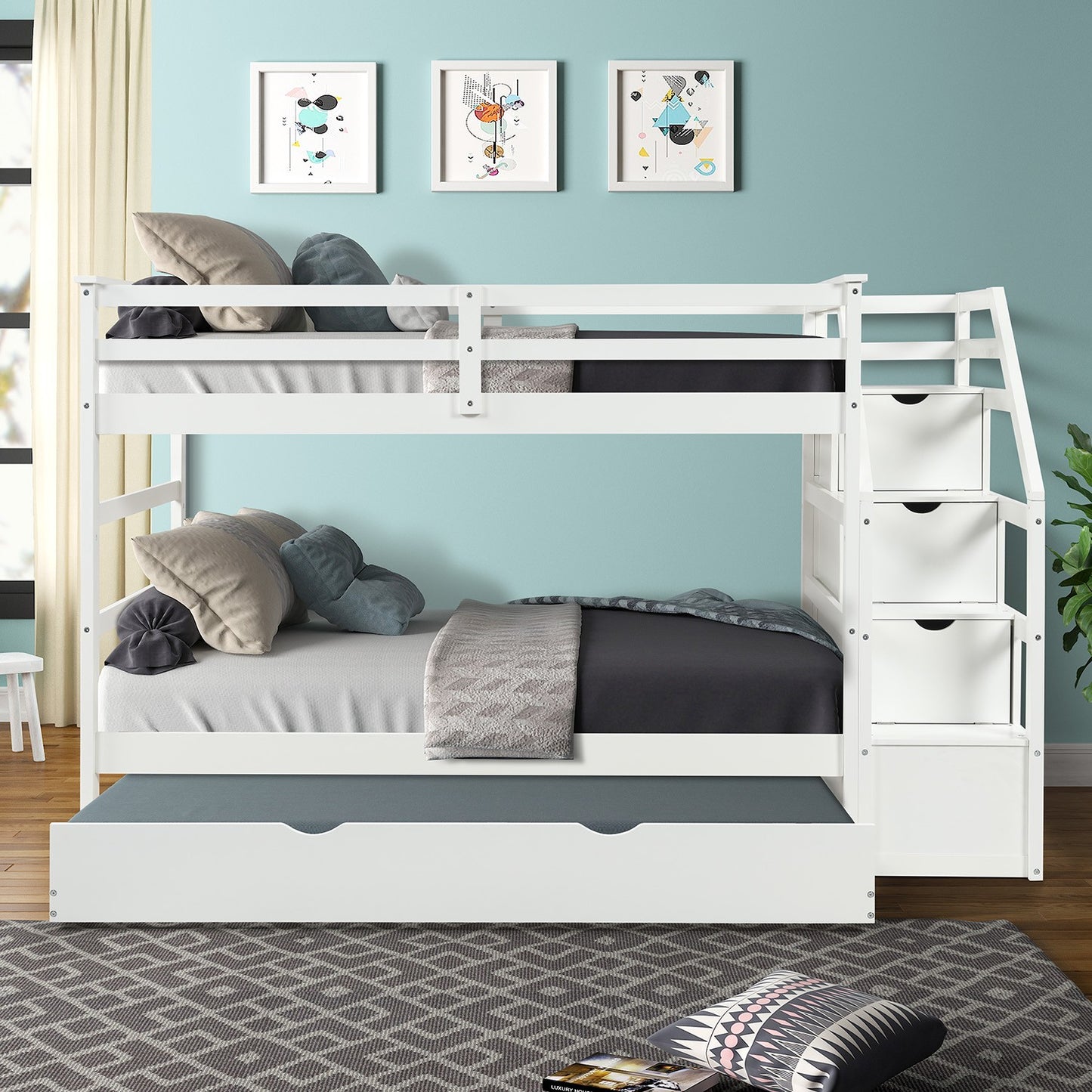 White Twin Over Twin Bunk Bed With Trundle By Homeroots | Beds | Modishstore - 5
