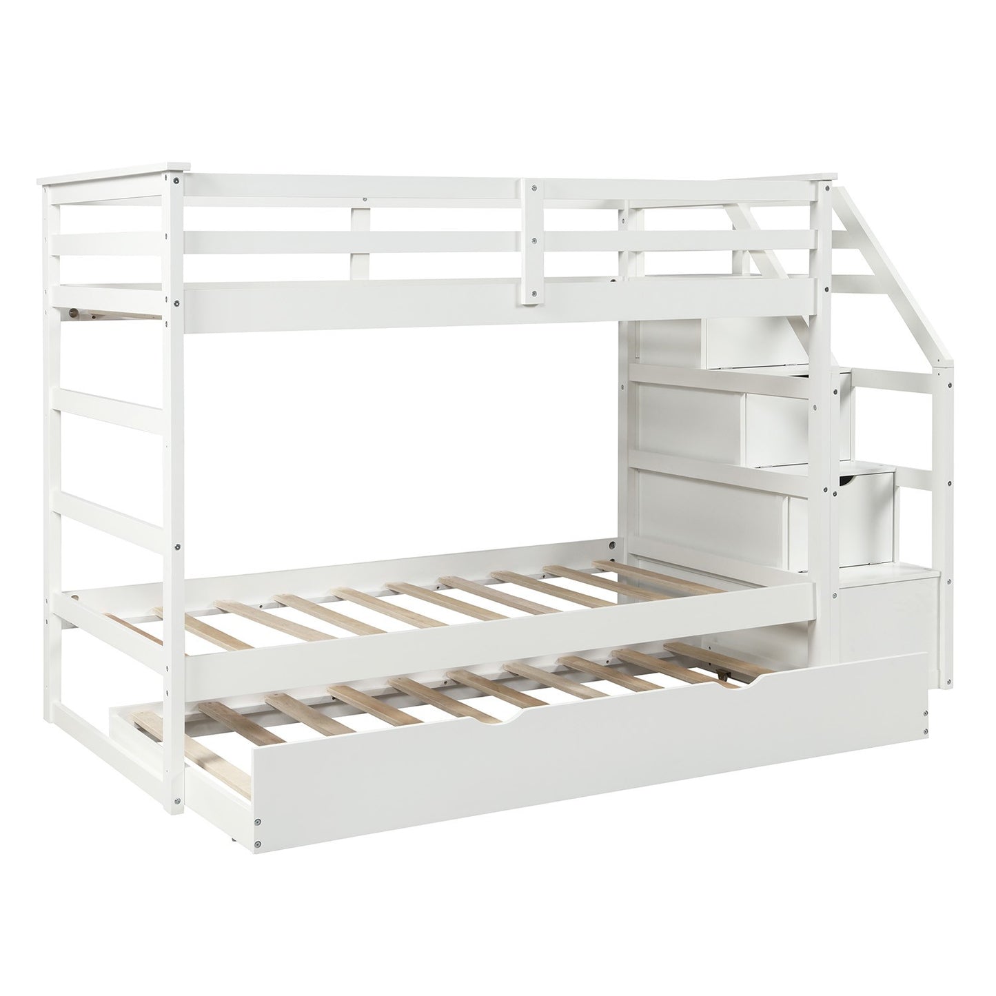 White Twin Over Twin Bunk Bed With Trundle By Homeroots | Beds | Modishstore - 7
