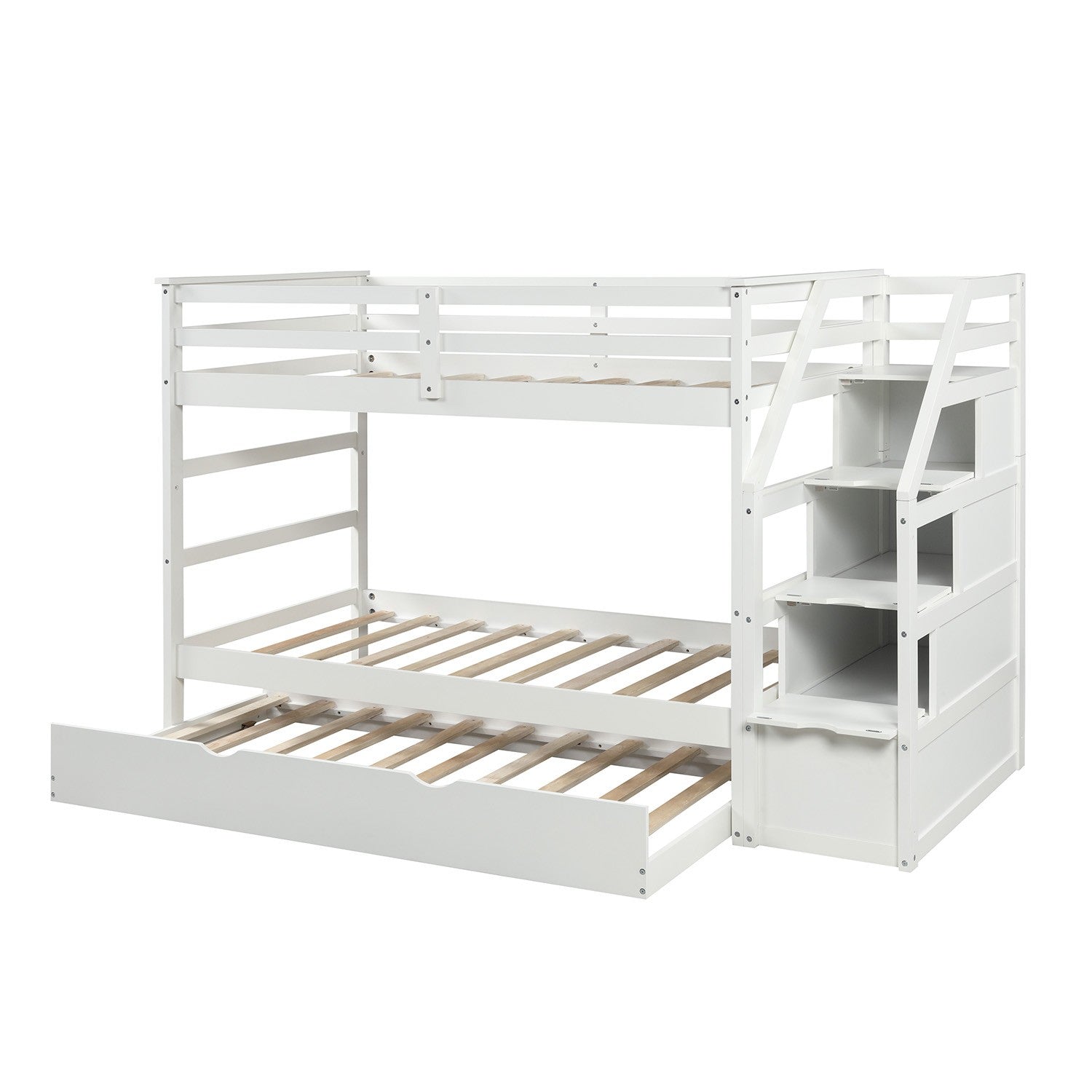 White Twin Over Twin Bunk Bed With Trundle By Homeroots | Beds | Modishstore - 9