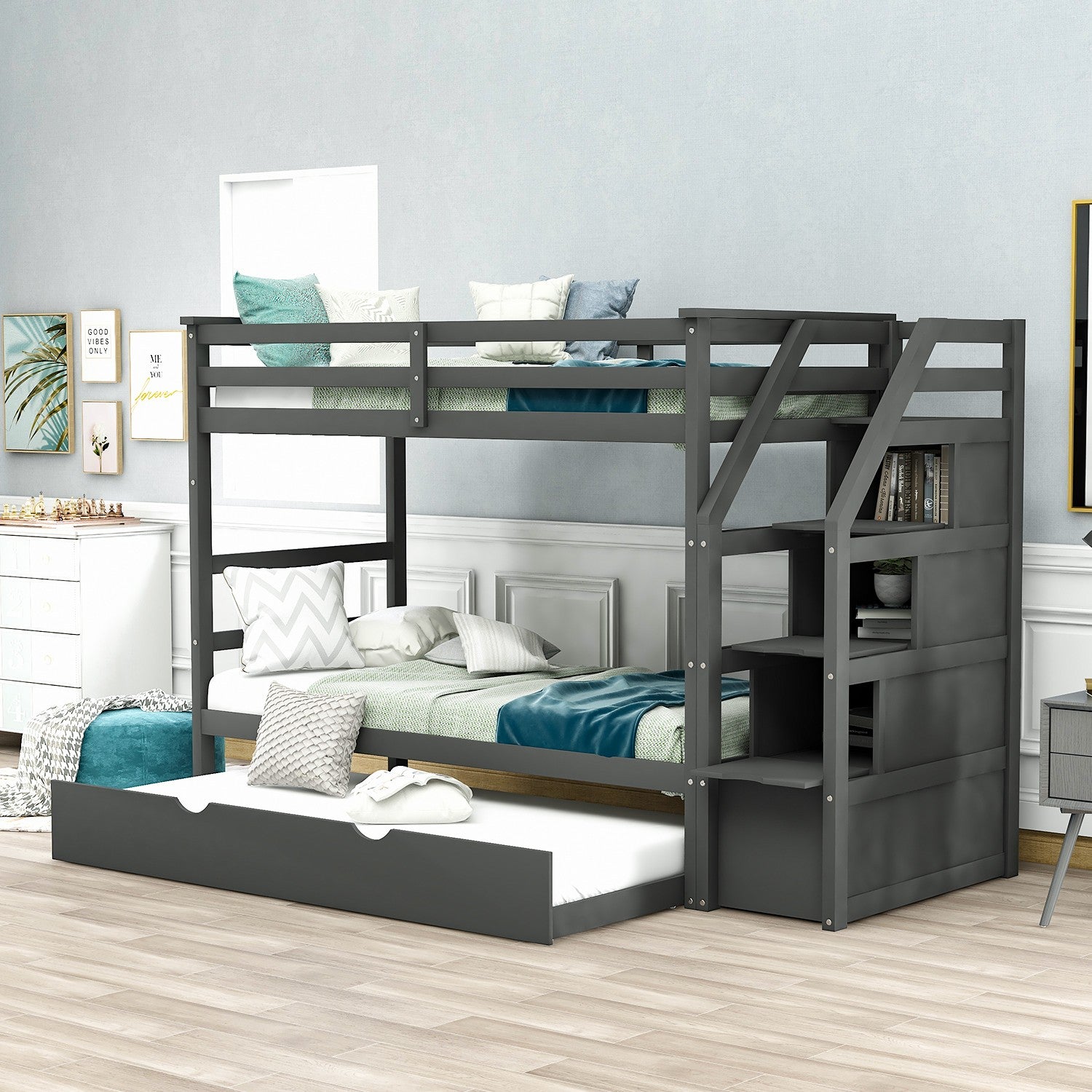 White Twin Over Twin Bunk Bed With Trundle By Homeroots | Beds | Modishstore - 19