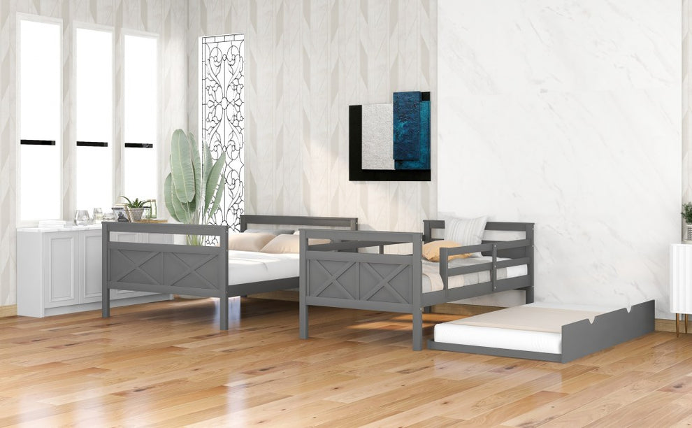 Gray Twin Over Full Size Bunk Bed With Trundle By Homeroots | Beds | Modishstore - 6